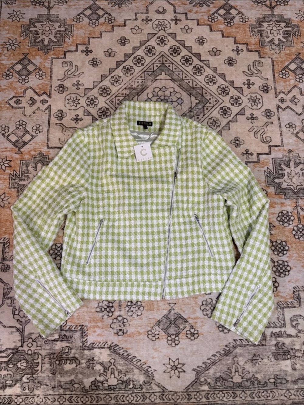 NWT CEFIAN L sparkle green and white checkered jacket with silver zipper accents